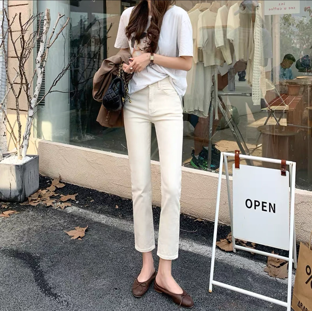 白色老钱风九分直筒牛仔裤女2024秋季新款高腰弹力裤加绒6700-1