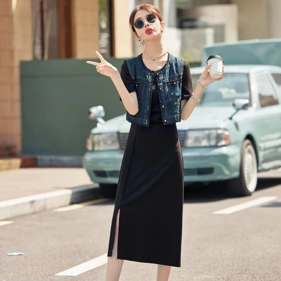 T288复古法式遮肚子显瘦牛仔马甲连衣裙两件套