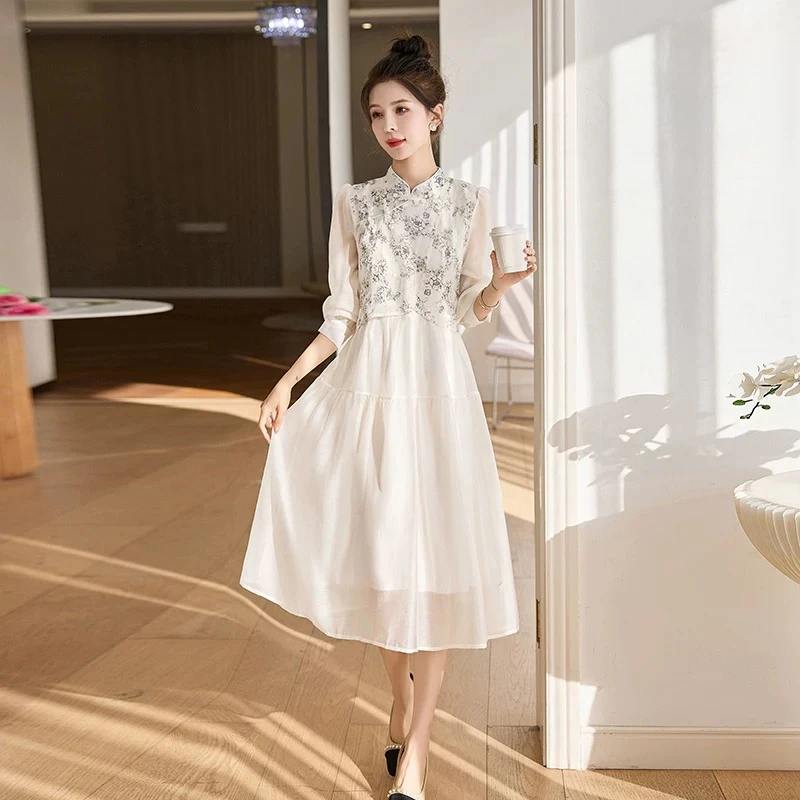 L016时尚复古春秋季国风拼接国风连衣裙