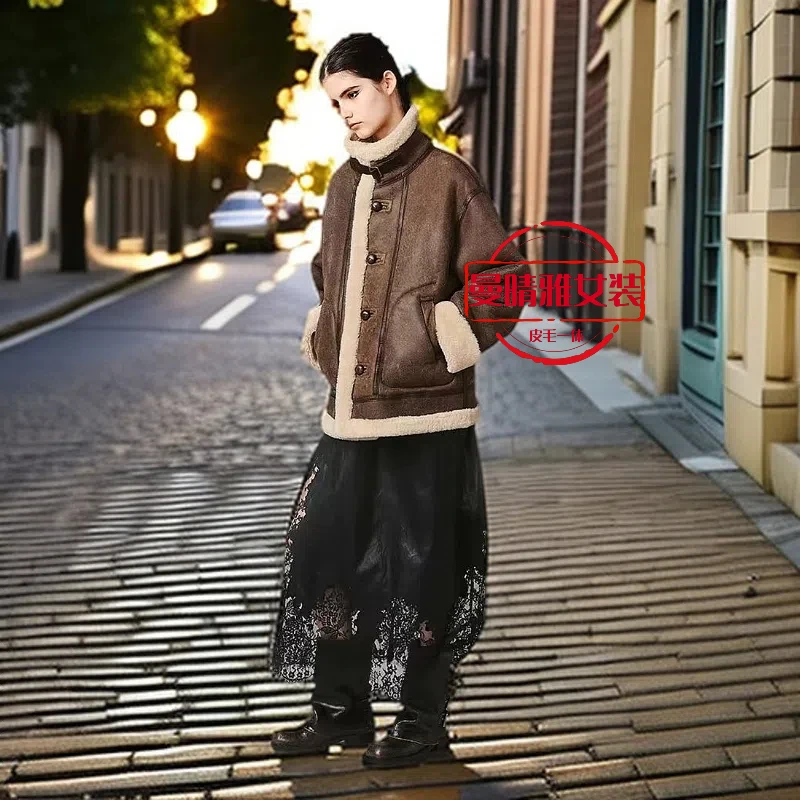 双12特惠皮衣外套拉克皮毛一体棕色冬季气场潮牌冬装高冷干净女装