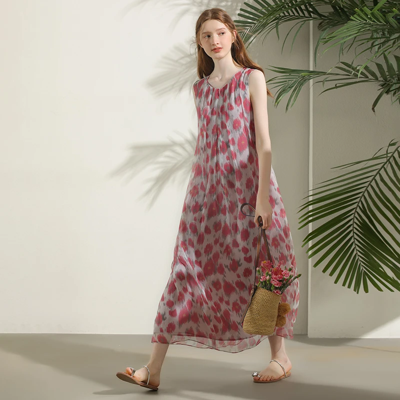 Miccbeirn真丝桑蚕丝印花度假风优雅迷人气质风长裙ZHMB89115A