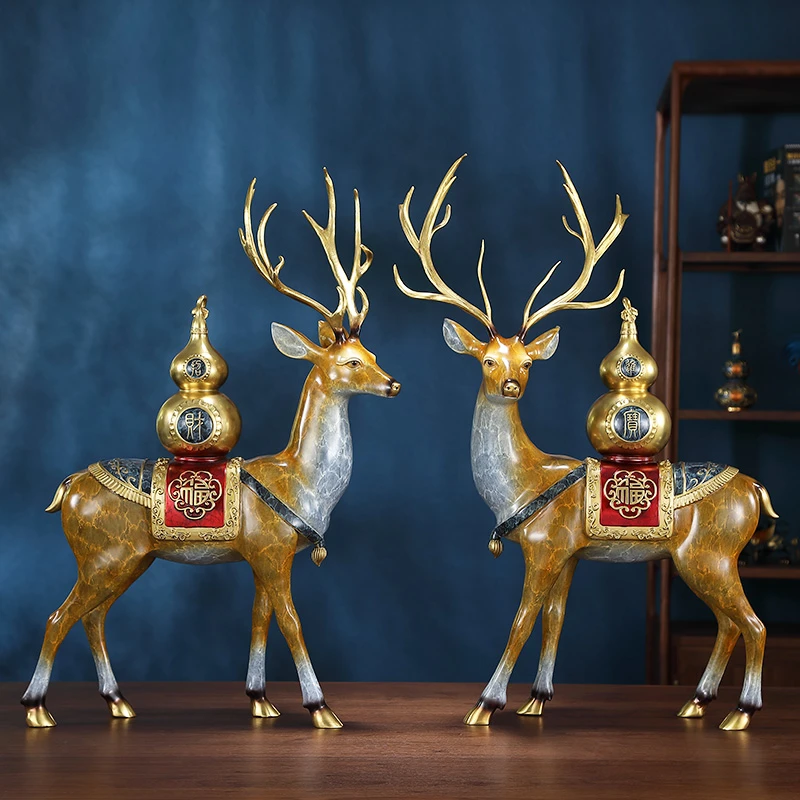 黄铜福鹿摆件轻奢高档创意一对客厅玄关新居乔迁家居装饰新房礼品