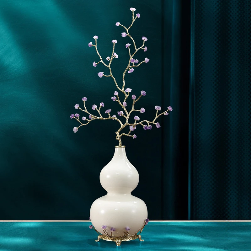 《紫气东来》配水晶陶瓷发财树创意办公客厅玄关装饰品葫芦摆件花瓶