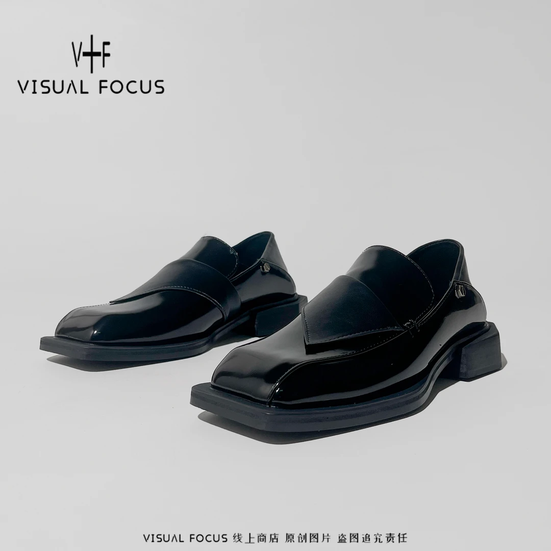 Visual focus 乐福鞋女春秋新款英伦风一脚蹬辣妹方头黑色小皮鞋