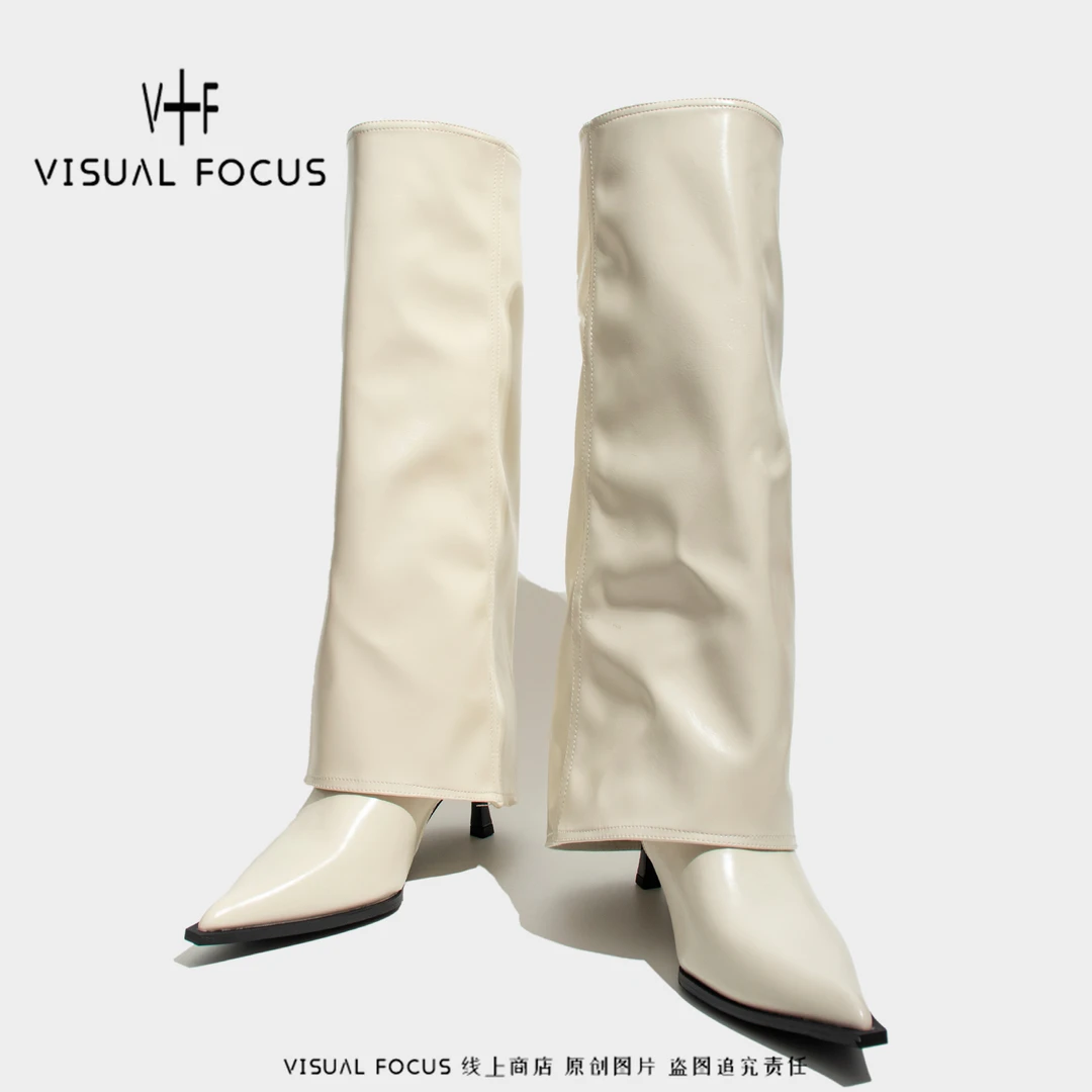 Visual focus 辣妹裤管靴女高跟白色堆堆靴港潮甜酷时装长筒靴子