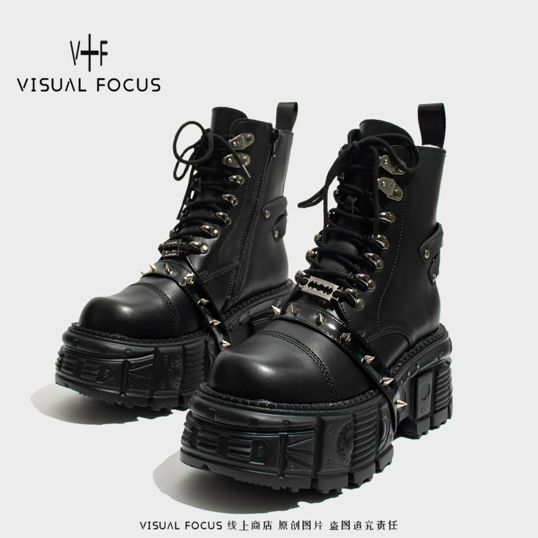 Visual focus 铆钉重金属马丁靴男女同款哥特暗黑y2k松糕厚底短靴