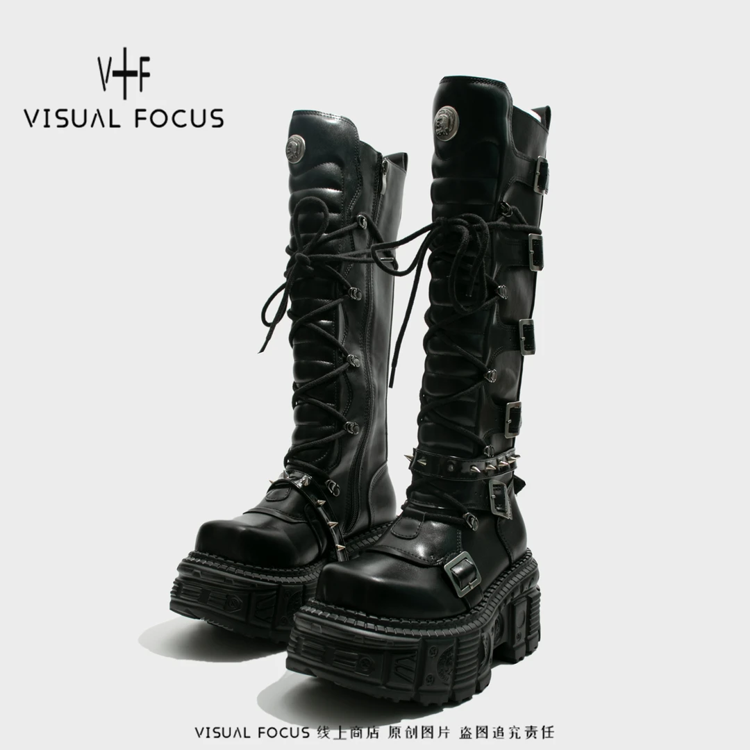 Visual focus 朋克风高筒靴女矮子乐辣妹松糕重金属厚底机车靴子