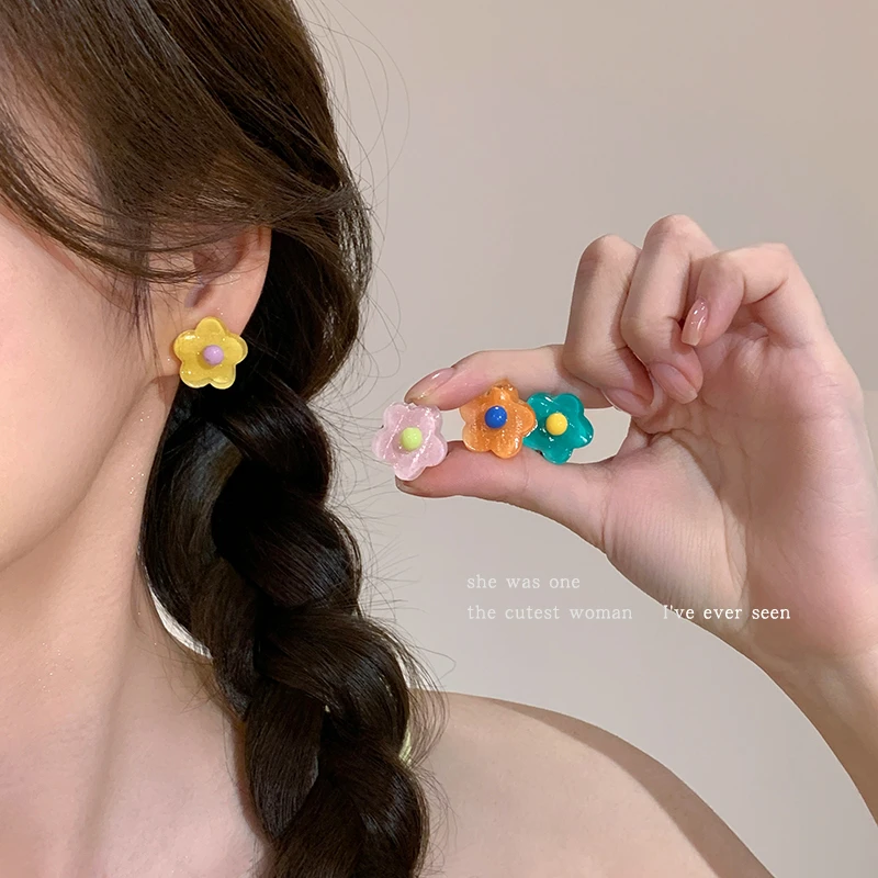 合金树脂耳饰 花朵耳夹女无耳洞耳坠2025新款y2k甜美耳环小众耳钉