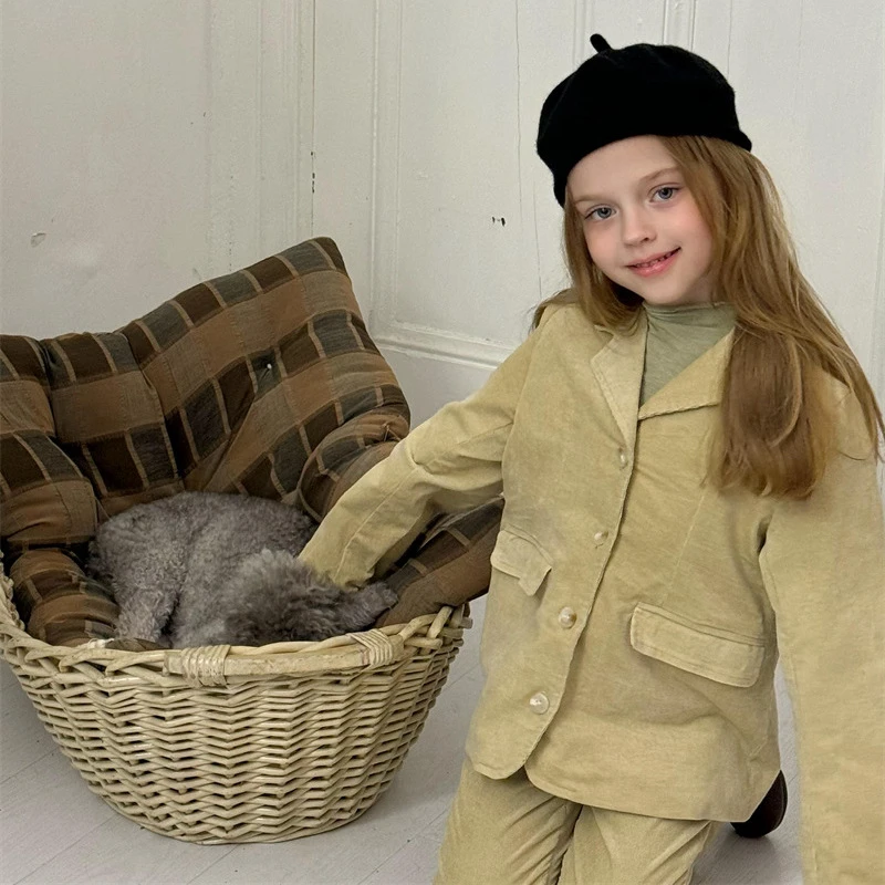 橙乐2024秋季新品 韩版女童灯芯绒西装外套 马蹄裤套装24159