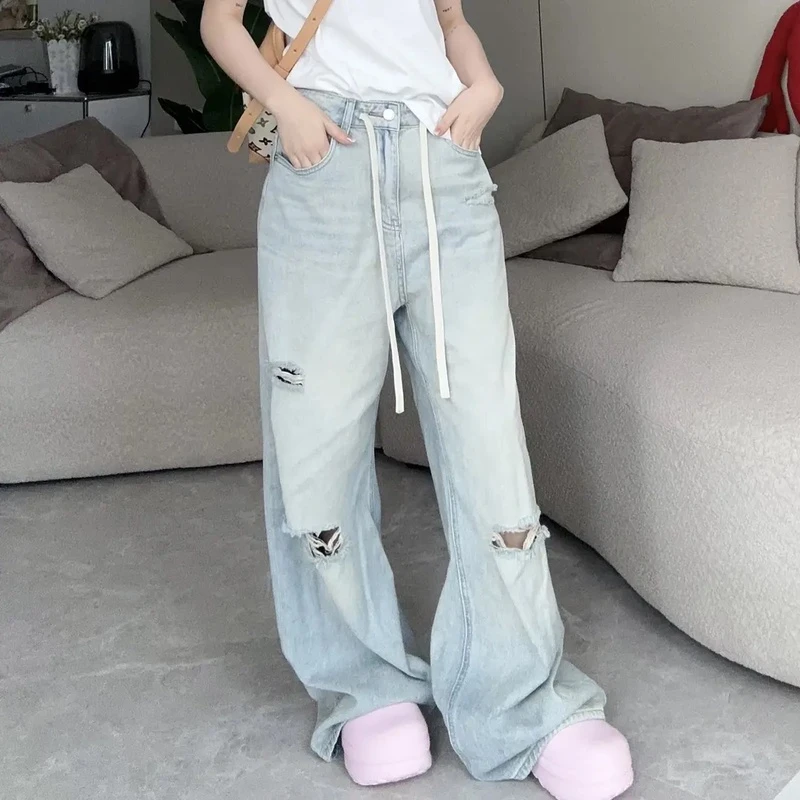 舟舟 【抽绳破洞牛仔裤】牛仔裤直筒休闲设计感显瘦水洗百搭