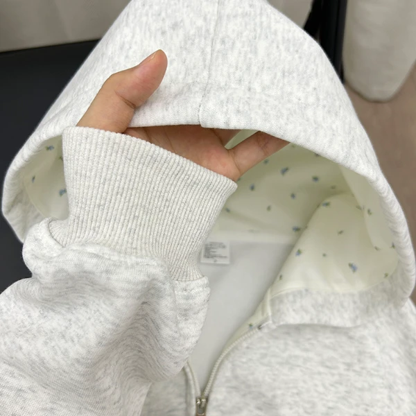 花灰色碎花连帽卫衣外套女春秋季2024新款开衫宽松慵懒chic上衣服