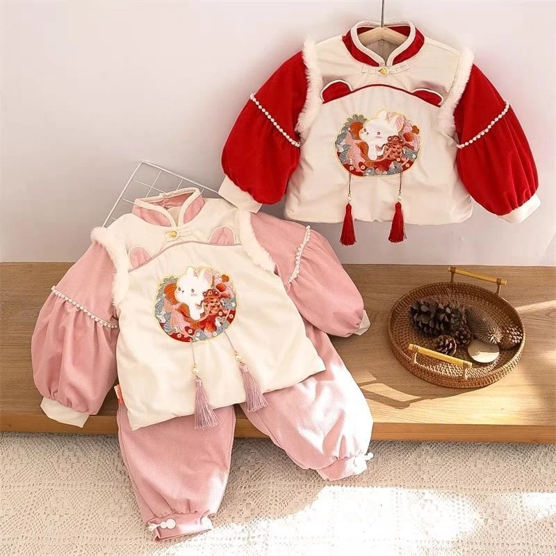 婴儿衣服新年套装加绒加厚拜年衣服儿童中国风汉服宝宝抓周两件套