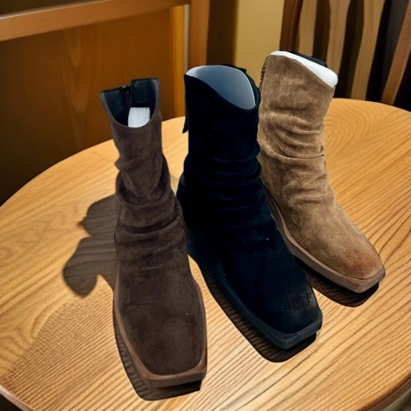 5988-绒面短靴女英伦风方头平底马丁靴秋冬女靴子