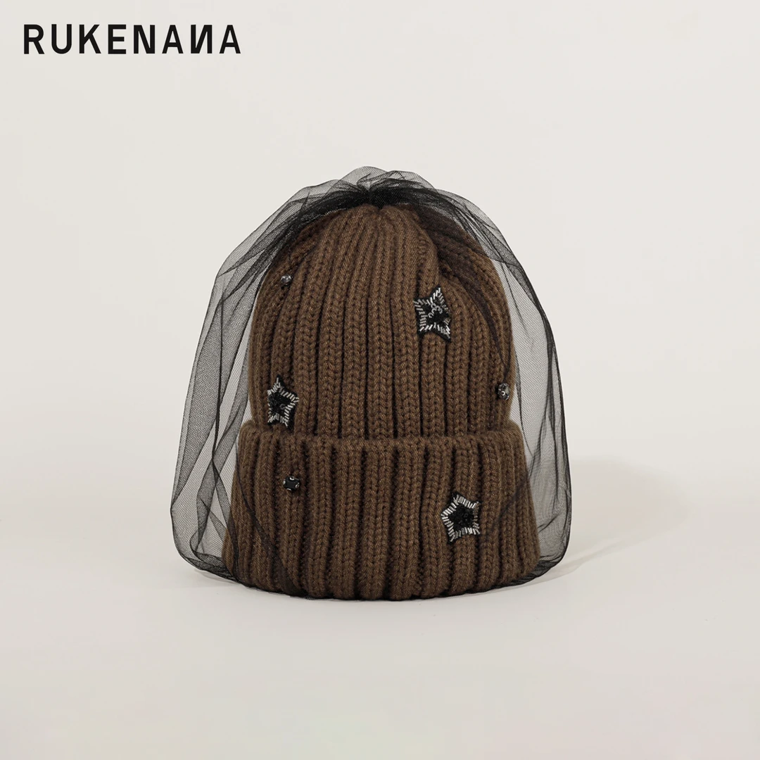 RUKENANA鹿可娜娜毛线帽网纱星星图案百搭时尚冬天护耳网纱保暖