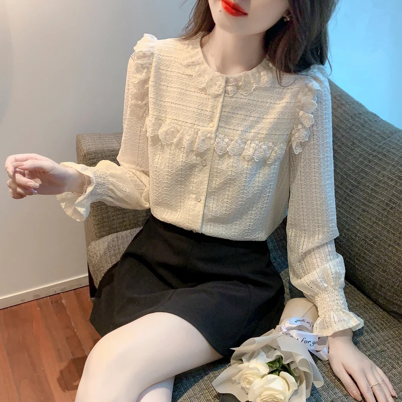 早秋季长袖蕾丝衬衫女装秋装2023年新款时尚洋气小衫百搭打底上衣
