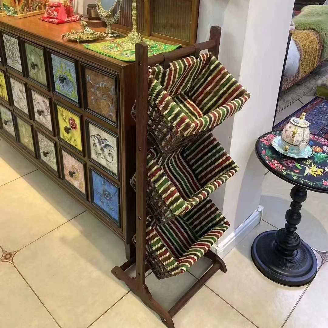 美式田园抽屉式落地置物架实木藤编收纳储物架玄关吊篮客厅花架