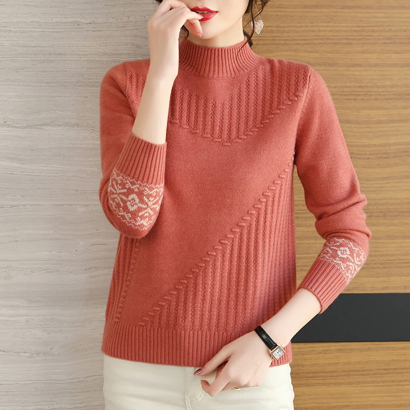 2024冬季新款加厚保暖半高领针织衫女洋气百搭宽松显瘦打底衫妈妈