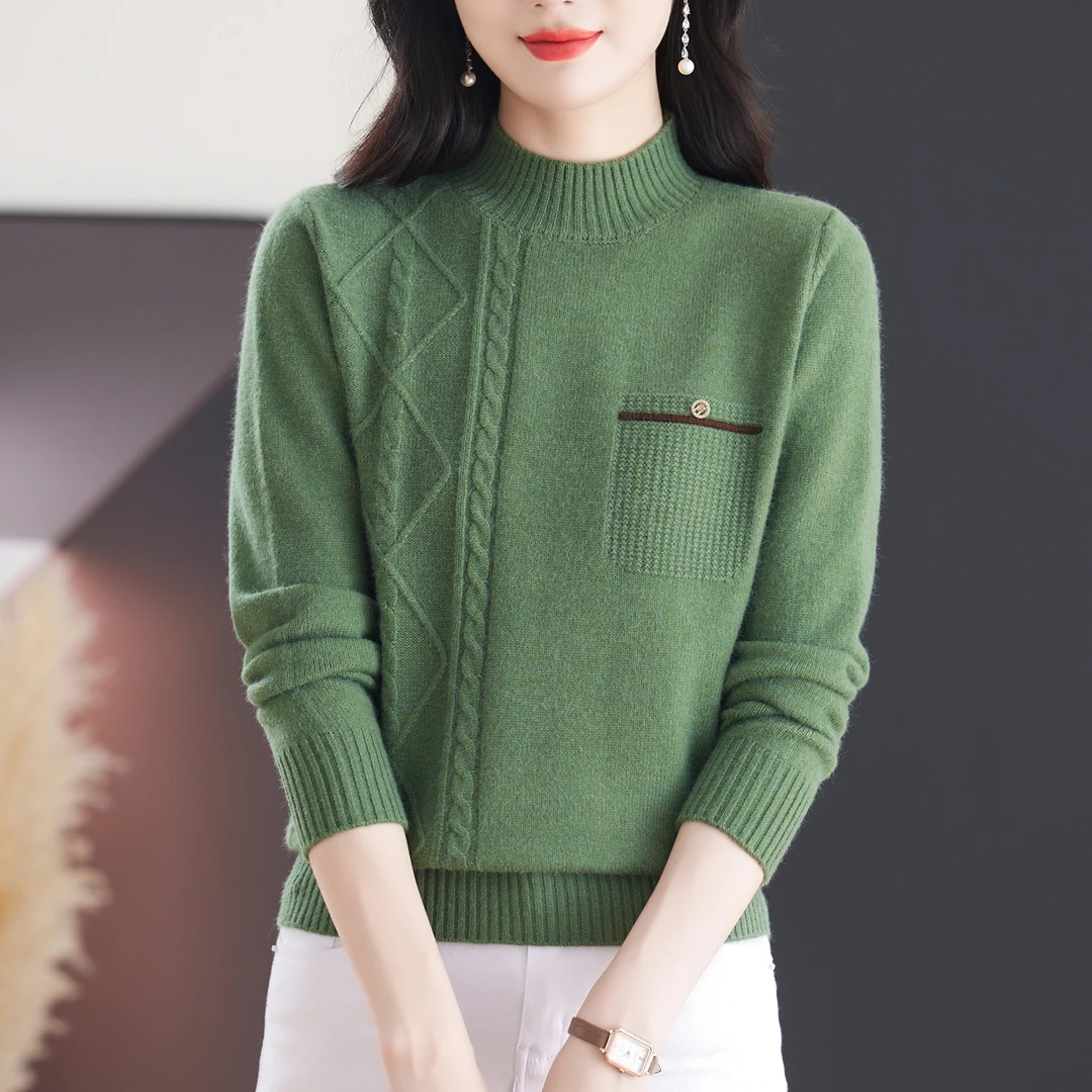 冬季新款半高领加厚针织衫女纯色洋气百搭宽松显瘦套头打底衫短款