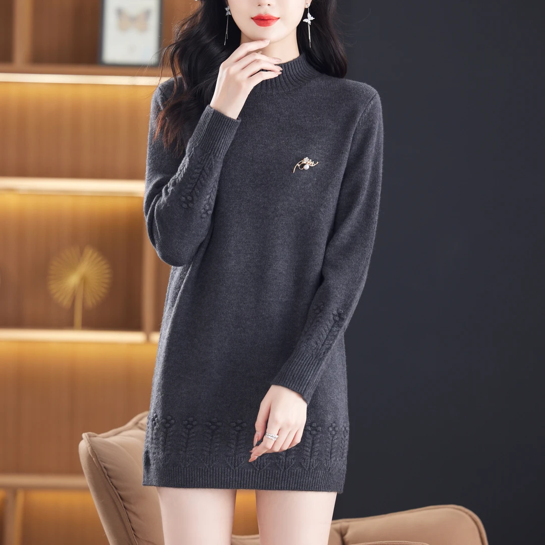 冬季新款半高领中长款打底衫羊毛裙女洋气百搭宽松显瘦内搭针织衫