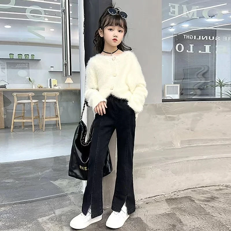 女童牛仔2025春秋新款时尚洋气中大童微喇叭洋气开叉修身喇叭裤潮