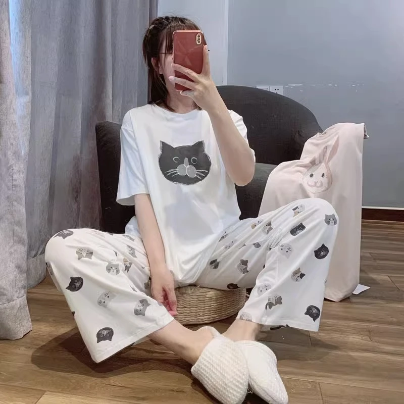 夏季莫代尔棉质猫咪兔子圆领睡衣女薄款短袖长裤宽松家居服套装