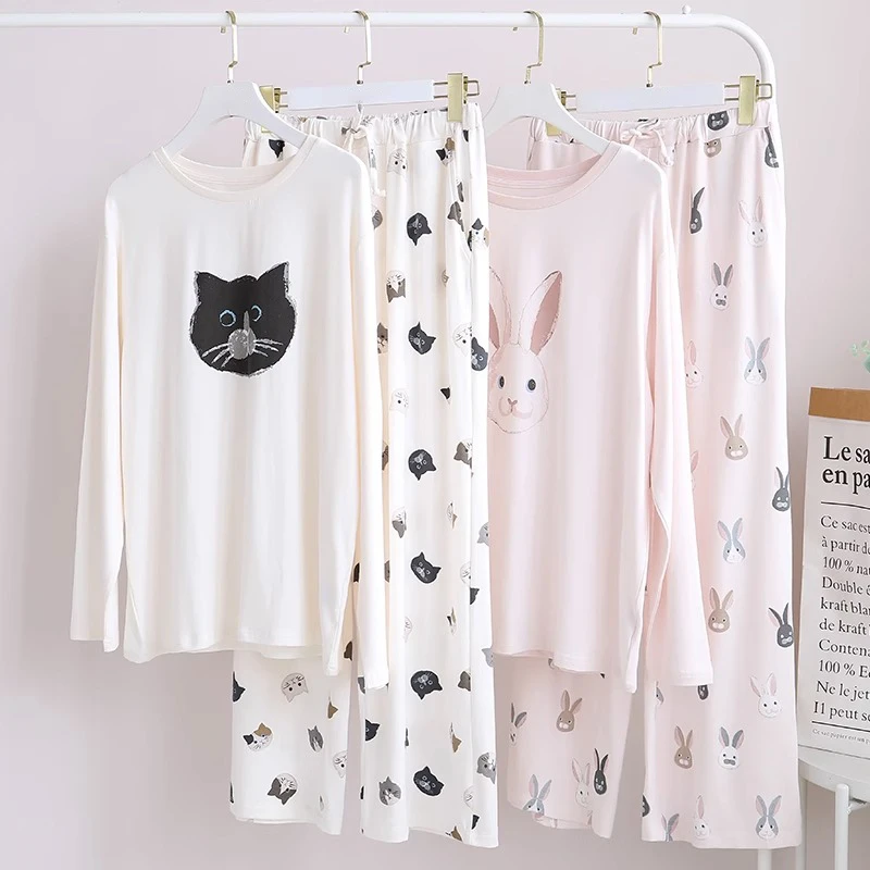 春秋季莫代尔棉质兔子猫咪休闲长袖长裤圆领套头家居服套装睡衣女