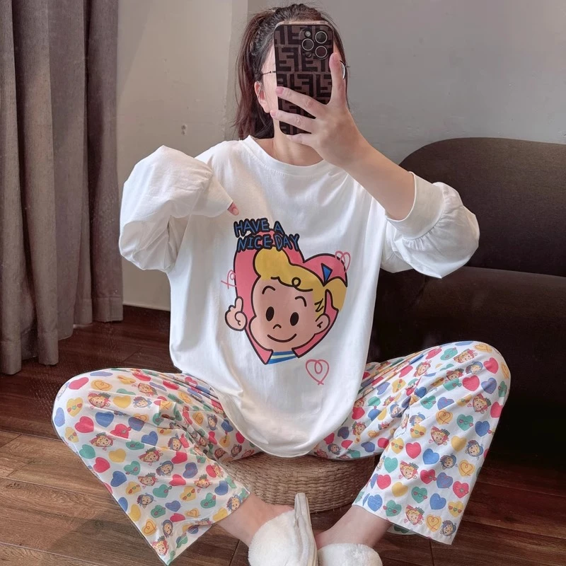 韩版睡衣女春秋款2025新款卡通女孩可爱休闲宽松居家服套装可外穿