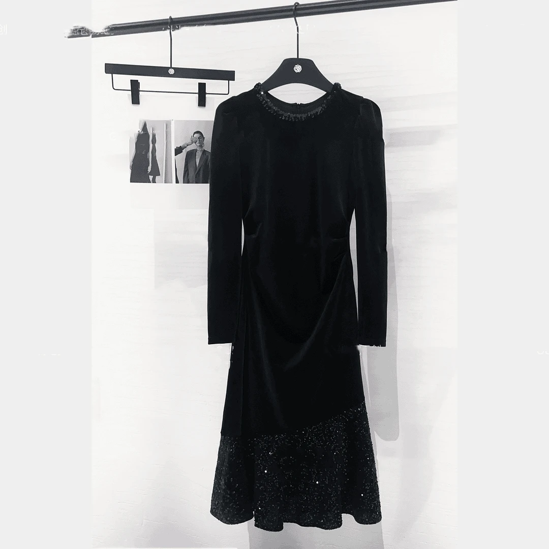 法式轻奢重工拼接长袖丝绒 连衣裙女2024早秋新款收腰显瘦裙子