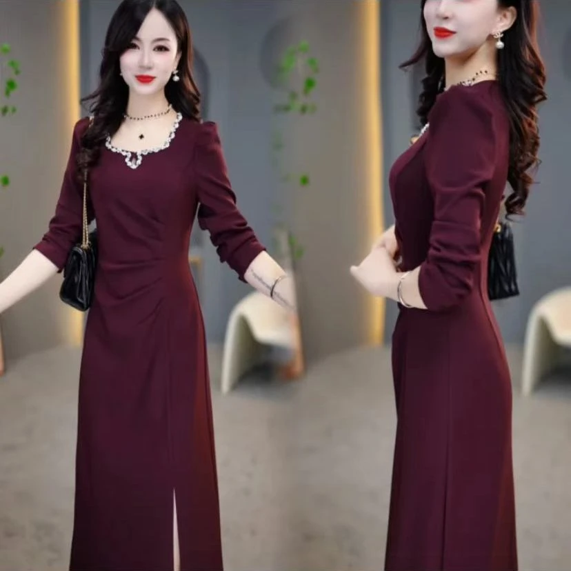 2024秋冬气质褶皱设计时尚拼接减龄收腰显瘦女装连衣裙9