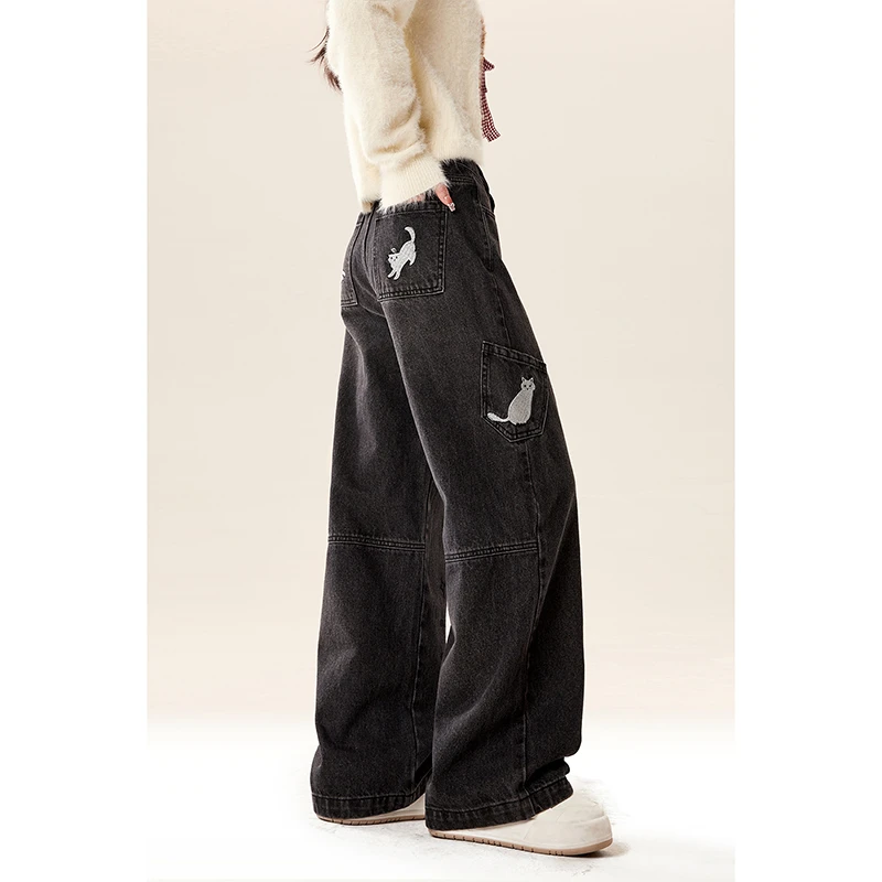 自然涩小众猫咪刺绣做旧直筒牛仔裤女秋冬新款阔腿宽松小个子裤子