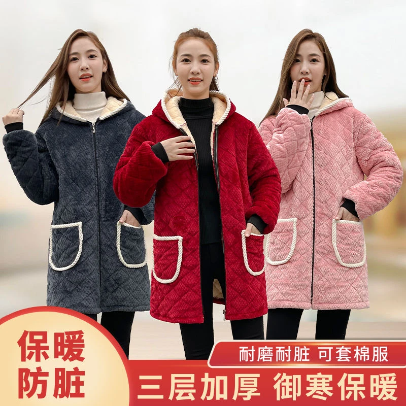 秋冬季成人罩衣加层夹棉加绒加厚棉服保暖工作服外套大衣厨房围裙