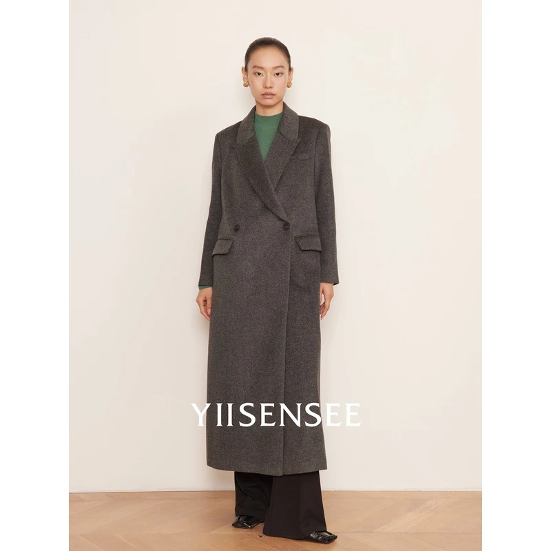 YIISENSEE逸识暗灰精髓秋冬知识分子风正肩碳灰毛呢大衣显瘦修身