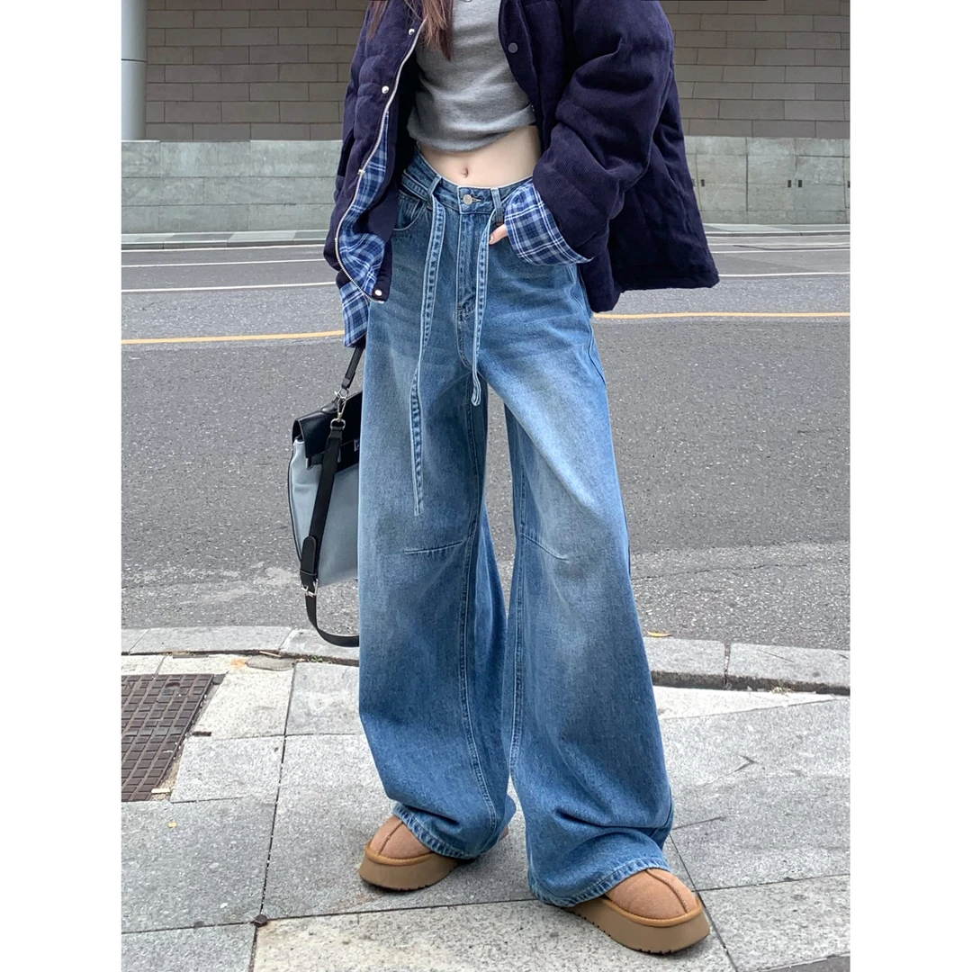 冬季高腰显瘦阔腿牛仔长裤牛仔绑带设计感宽松大裤脚拖地休闲裤子