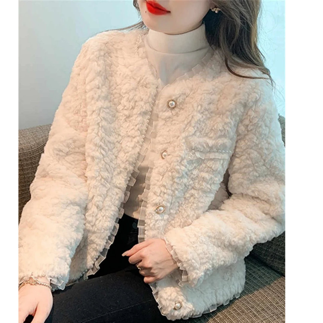 【现货+运费险】小香风毛毛外套小个子宽松显瘦蕾丝钉珠款上衣YY399