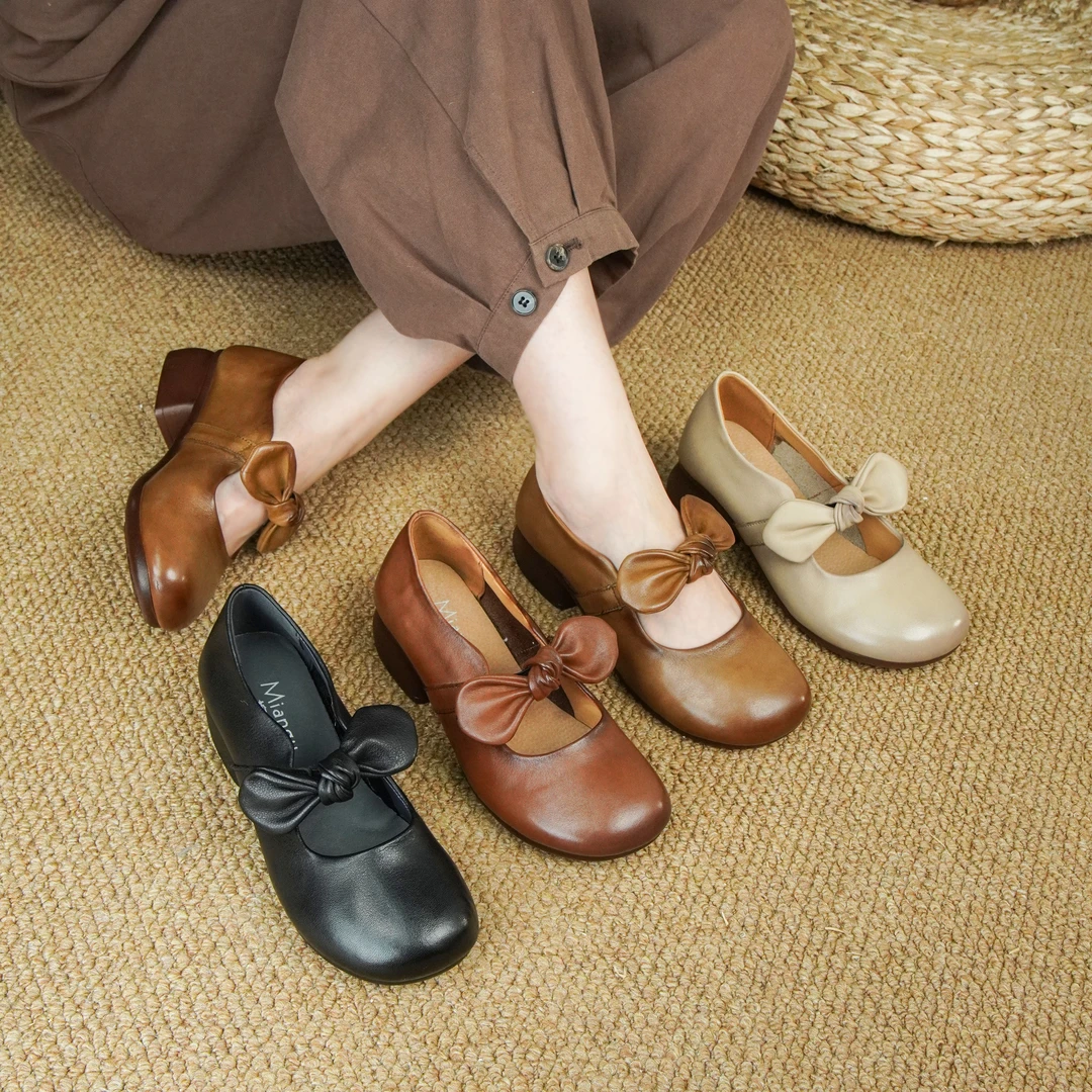 棉谷中跟平底圆头舒适百搭妈妈鞋浅口蝴蝶结文艺休闲软底70907