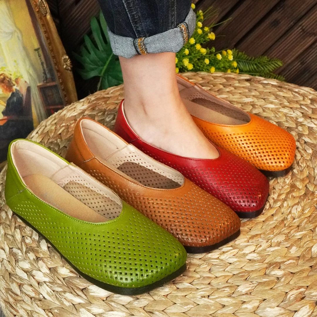 棉谷妈妈鞋春夏新款女鞋舒适复古真皮防滑软底浅口牛皮单鞋71882