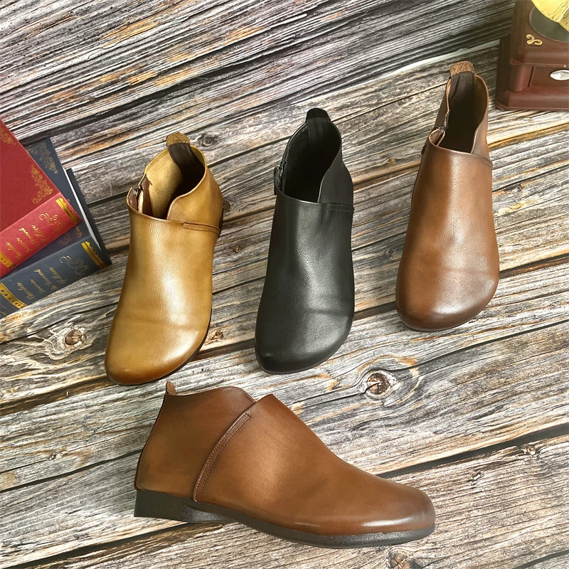 棉谷妈妈鞋复古平底短靴女新款手工靴子软底软面时尚女鞋71865