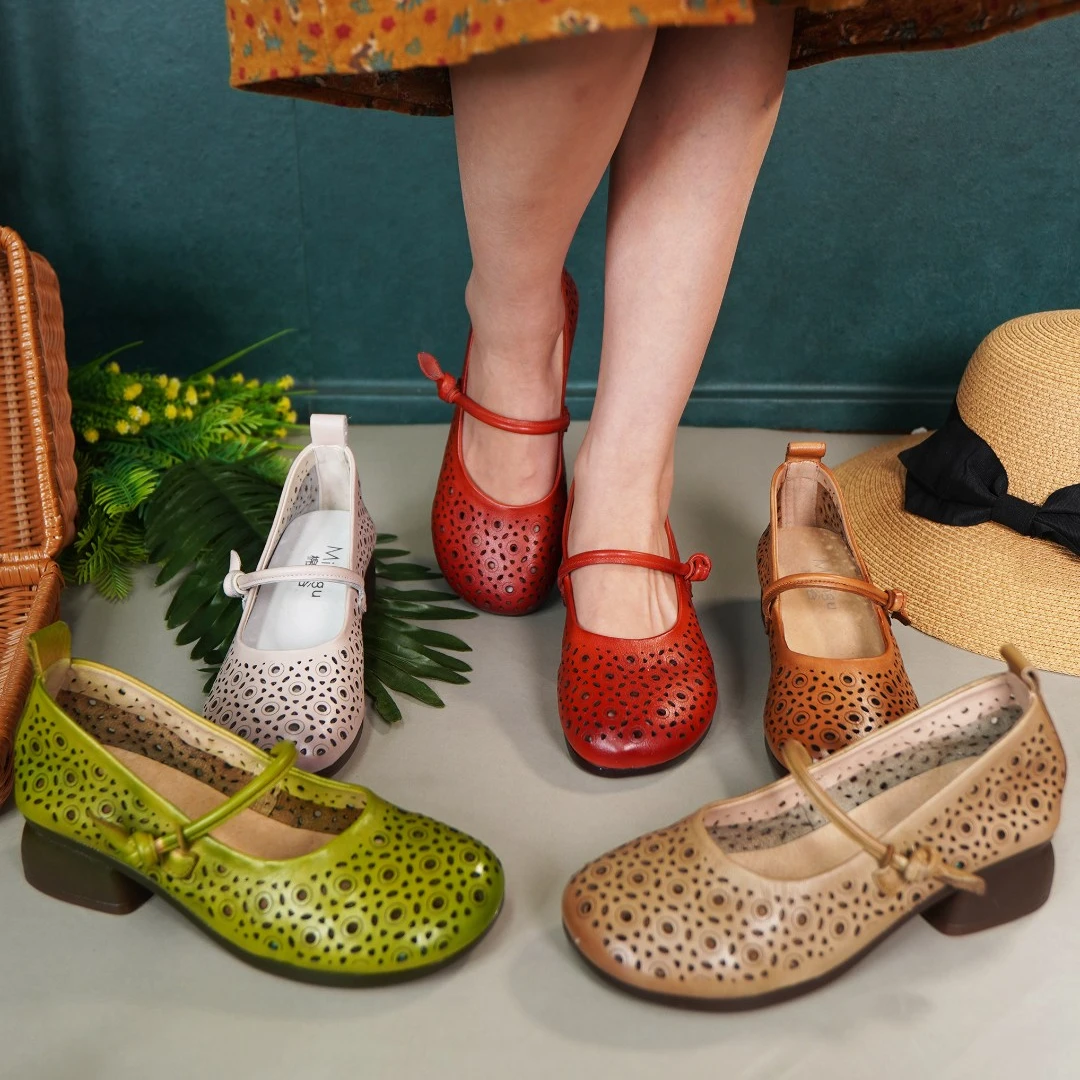 单鞋女镂空圆头时尚中跟一字带粗跟凉鞋71878