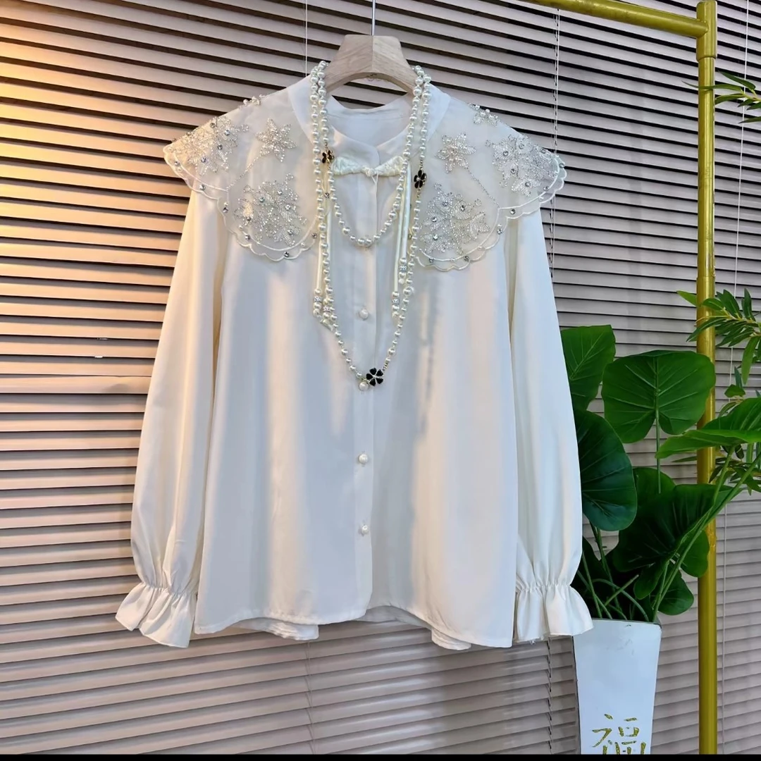 百玥6636冬季新款大码女装新中式国风盘扣流苏钉珠荷叶领衬衫