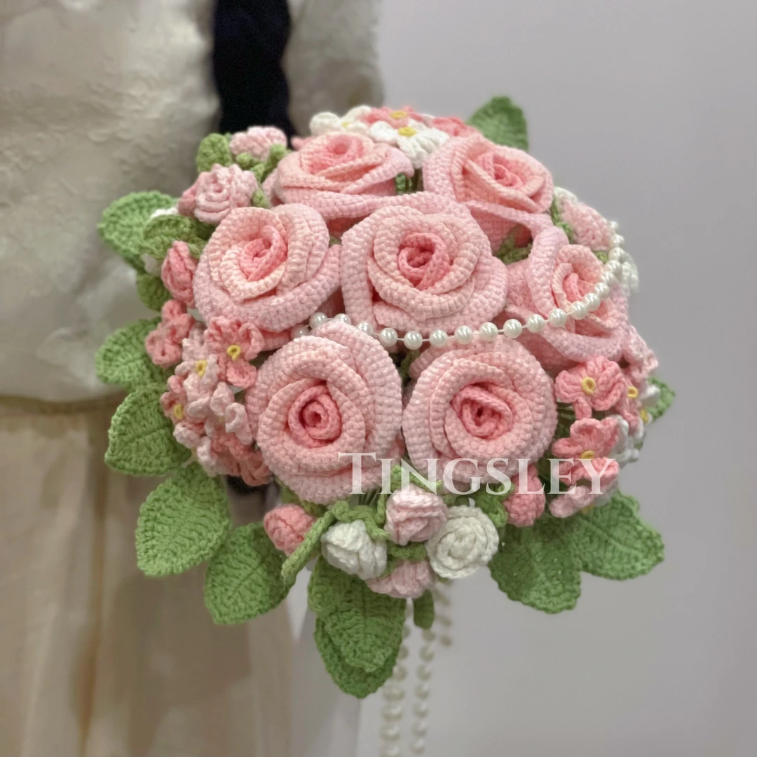重工高定款｜粉渐变酒杯玫瑰手捧花手工钩织材料包(含钩织工具配件