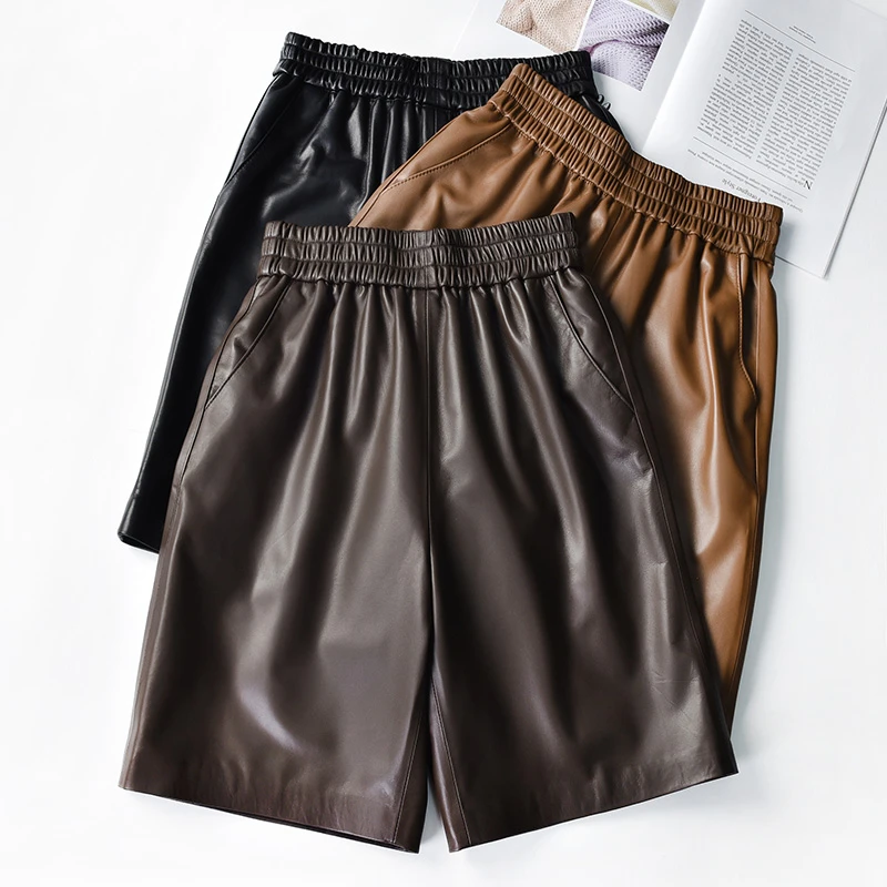 真皮短裤女士绵羊皮五分a字阔腿裤海宁2025宽松秋冬时尚高腰显瘦