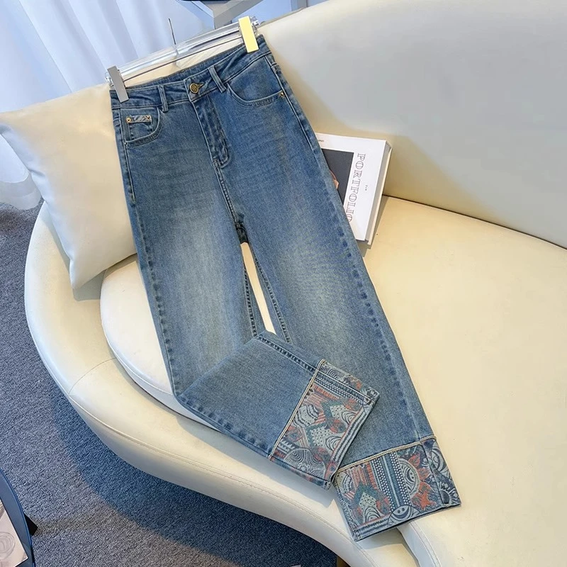 新中式牛仔裤女秋冬2024新款爆款九分裤拼接直筒裤刺绣国风烟管裤