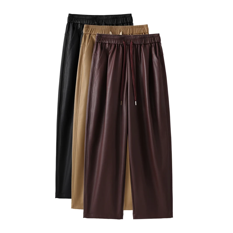 卡其色松紧腰皮裤哈伦裤女2024新款秋冬爆款PU皮老爹裤时尚萝卜裤