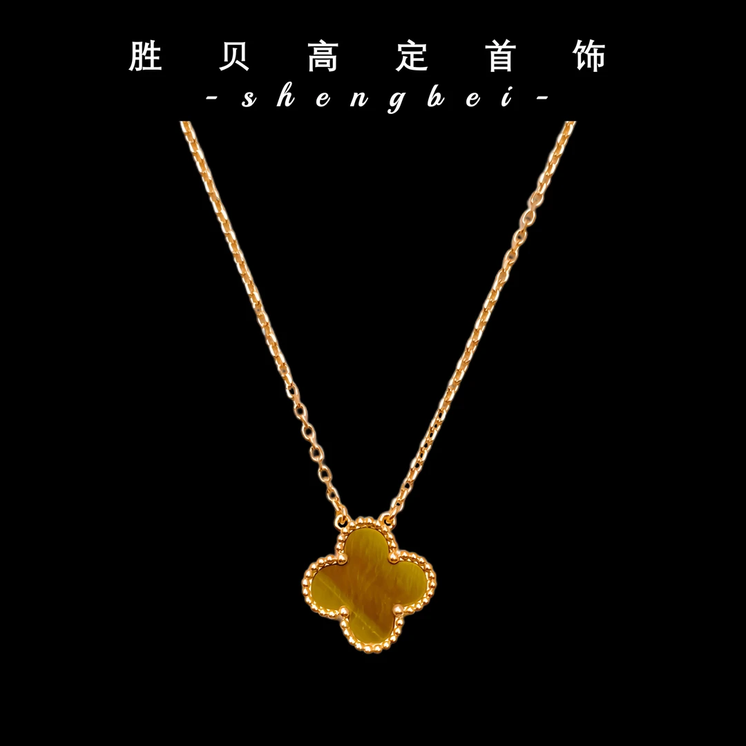 胜贝925银天然虎眼石四叶幸运单花项链z