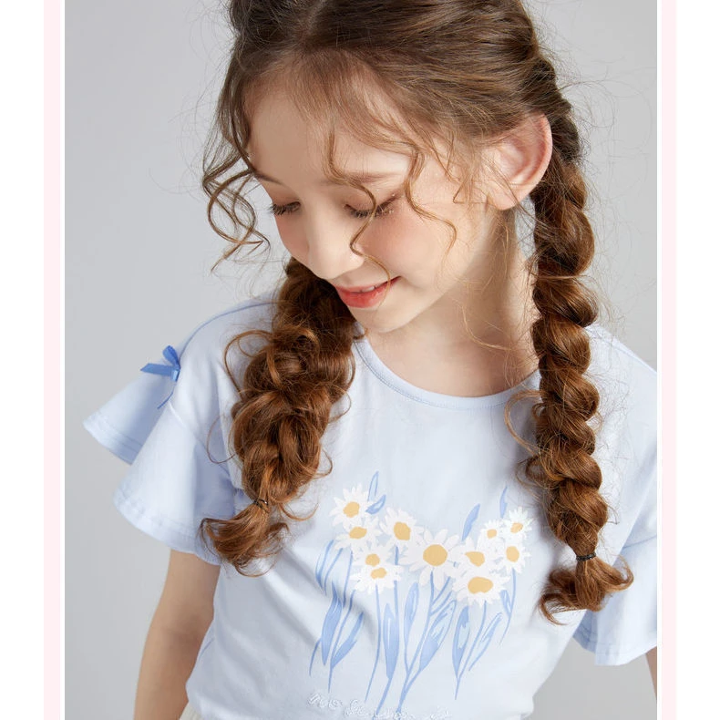女童短袖T恤2025夏装新款中大童儿童荷叶圆领上衣夏季洋气上衣
