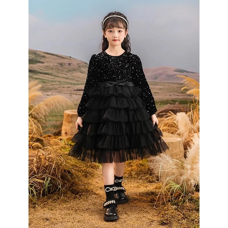 女童黑色公主裙春秋季新款儿童洋气礼服裙子女孩秋装长袖连衣裙