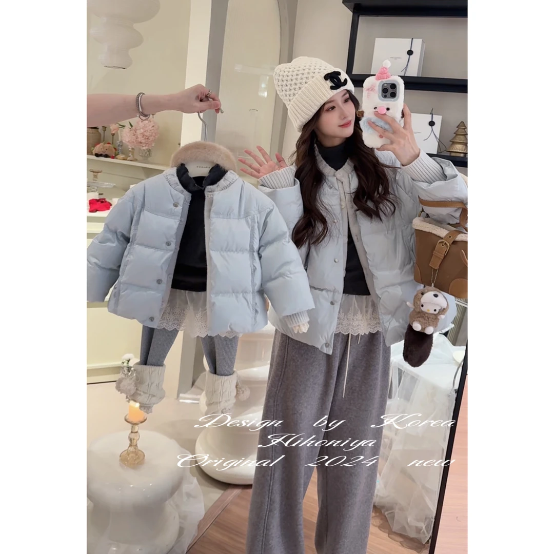 Q【冰岛】七Hihoniya~2024冬季亲子蓝色假两件丝绒90白鸭绒羽绒服