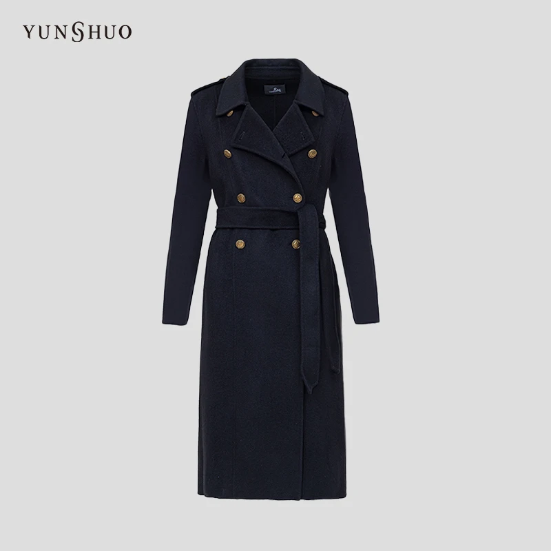 YUNSHUO 秋冬新款大衣女中长款时尚黑色毛呢外套499122