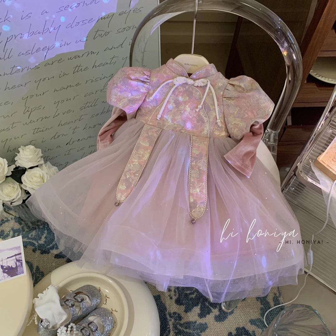 xian【波光粼粼】Hihoniya~2023新品蝴蝶结公主网纱拼接连衣裙童装