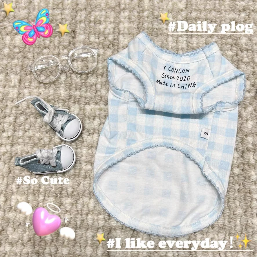 YCANCAN 夏季新款狗牙边婴儿蓝格子背心宠物猫狗衣服马尔济斯衣服